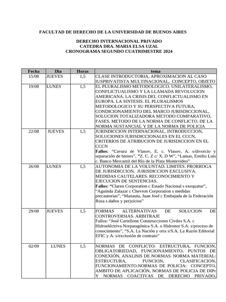 Cronograma Derecho Internacional Privado 2024 | PDF | Justicia | Crimen ...