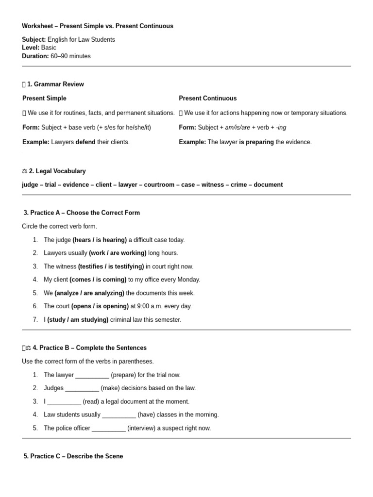 Present Simple vs. Continuous Worksheet | PDF