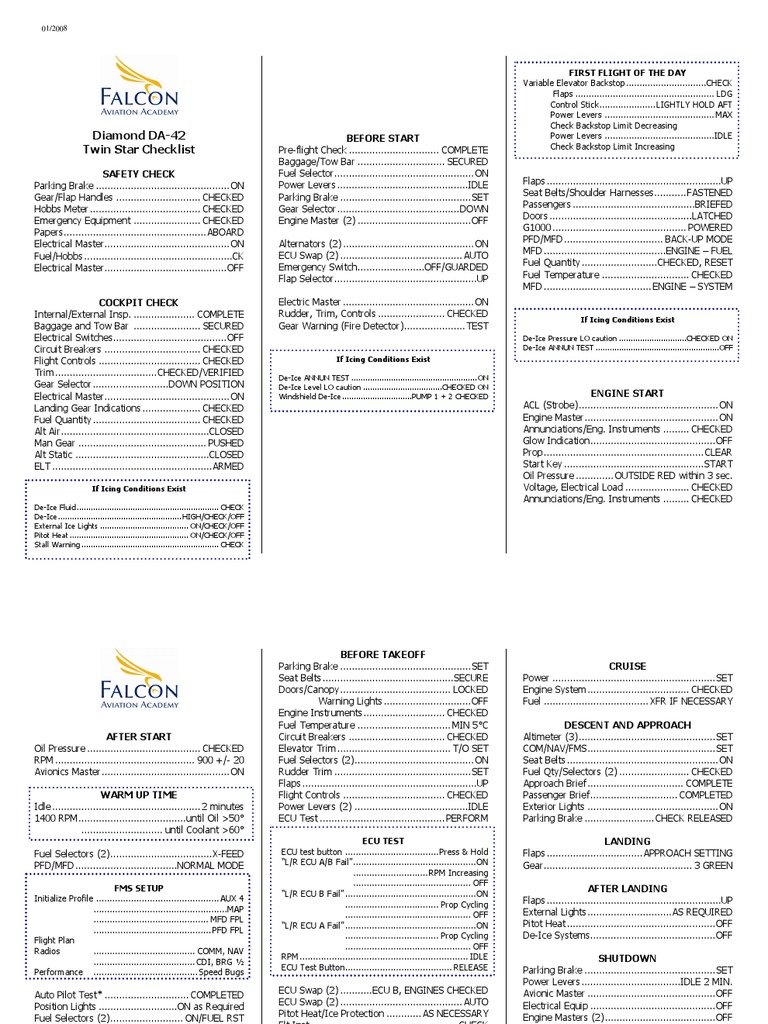 Da42 Twin Star Checklist Pdf Aircraft Flight Control System