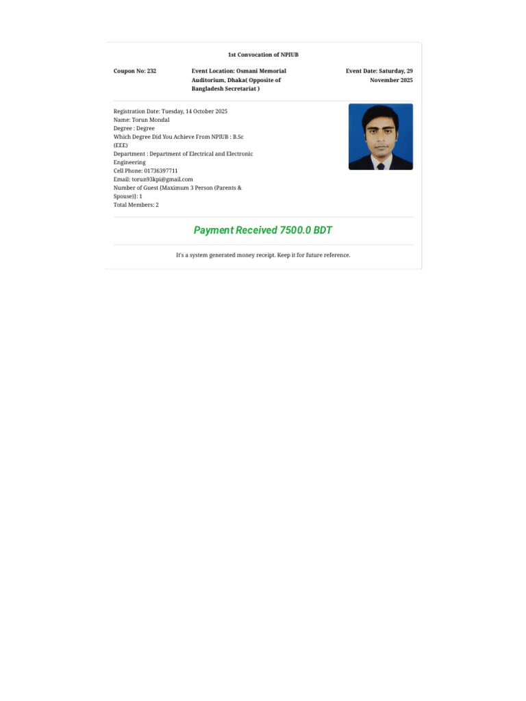 NPIUB Convocation Payment Receipt | PDF