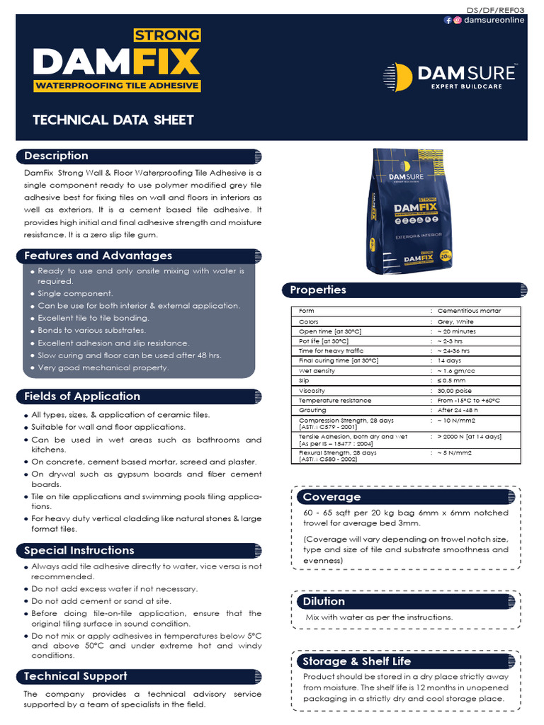 DamFix Waterproofing Tile Adhesive | PDF | Adhesive | Concrete