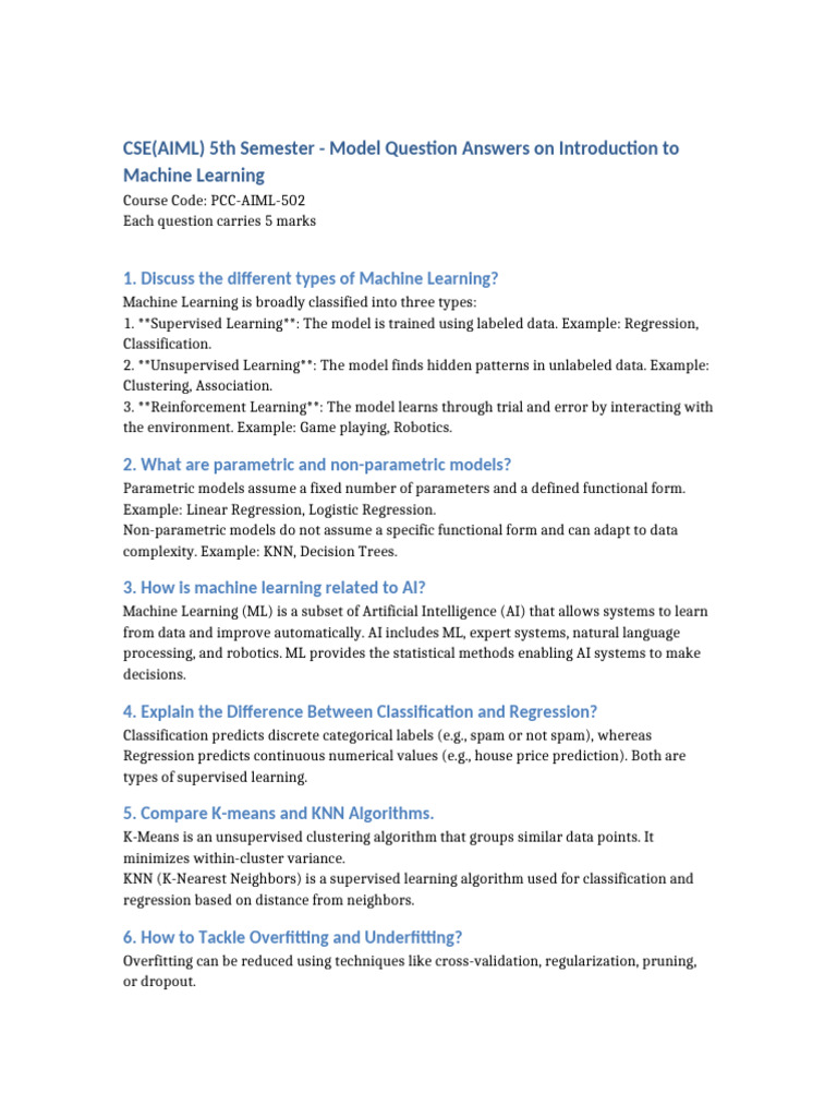 Introduction To ML Model Answers | PDF | Machine Learning | Regression ...