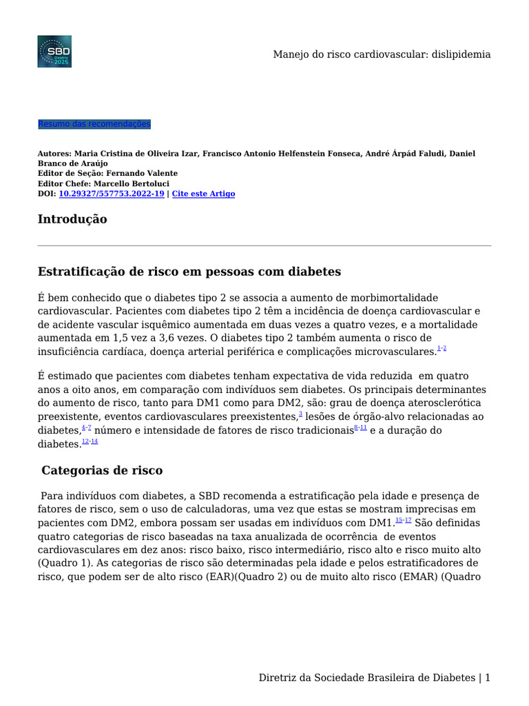 Risco Cardiovascular em Diabetes: Diretrizes | PDF | Diabetes | Infarto ...
