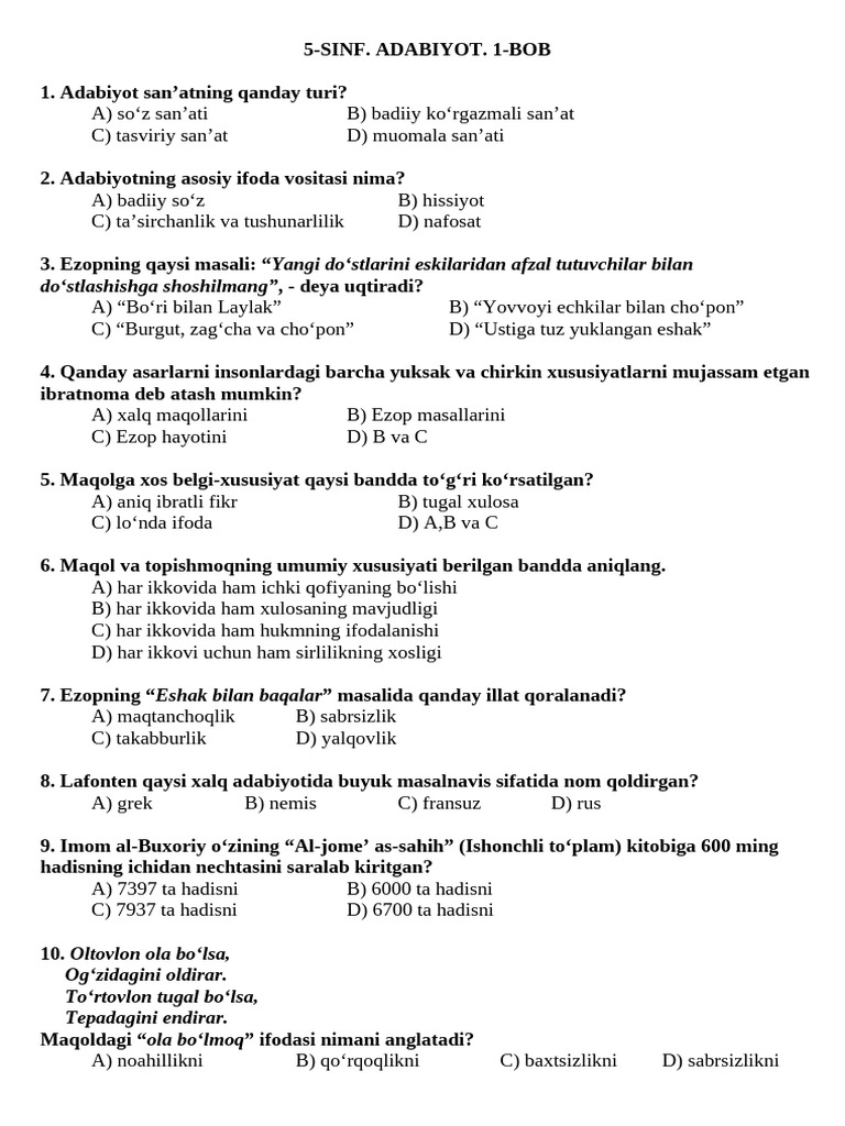 5-Sinf 1-Bob Test | PDF