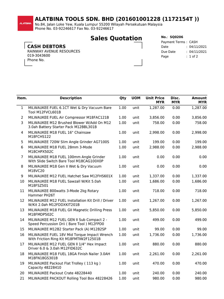 Milwaukee Tools Sales Quotation | PDF | Mechanical Engineering ...