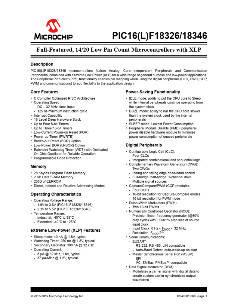 PIC16F18326/18346 Microcontroller Overview | PDF | Microcontroller ...