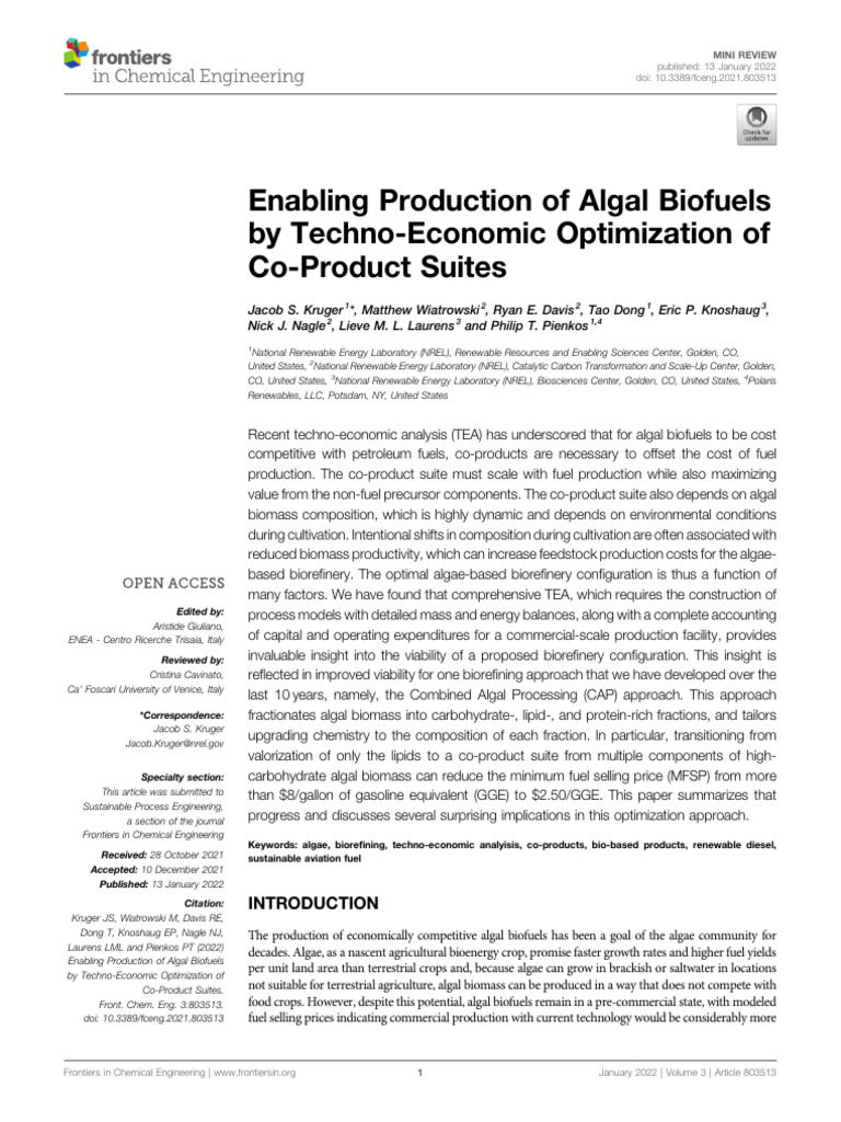 Algal Biofuels: Techno-Economic Optimization | PDF | Algae Fuel | Biofuel