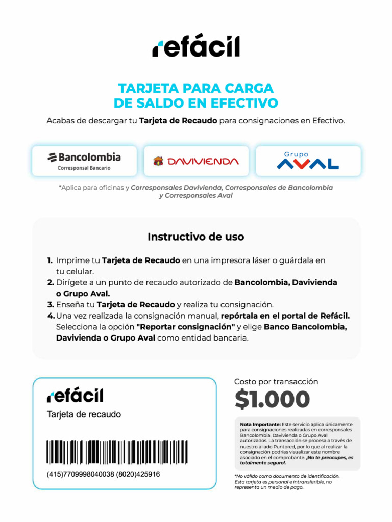 Instrucciones para Tarjeta de Recaudo | PDF