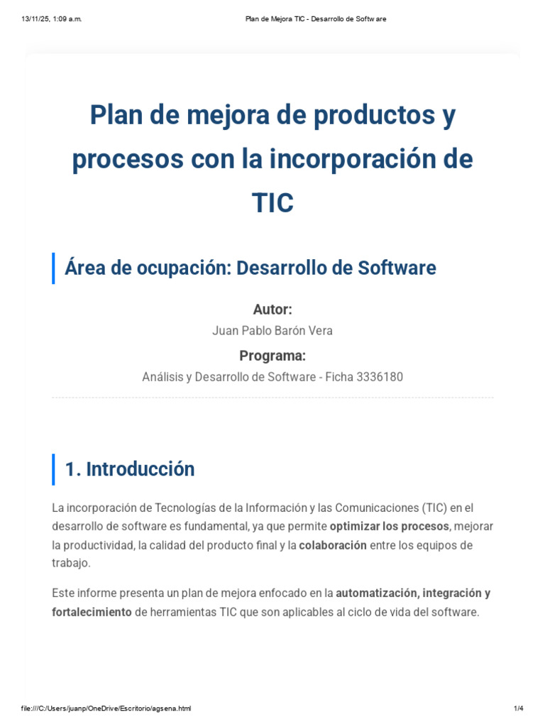 Plan de Mejora TIC - Desarrollo de Software | PDF | Ingeniería de ...