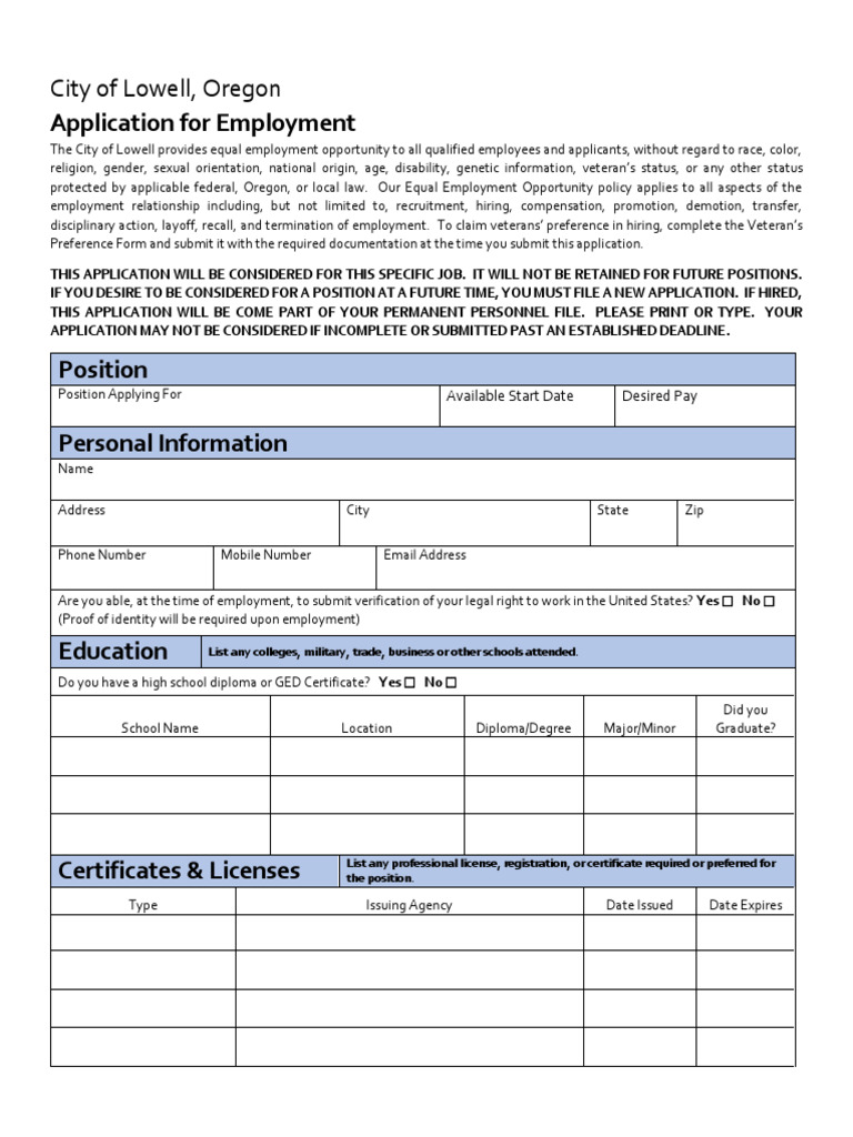 Lowell Oregon Employment Application Form | PDF | Recruitment | Employment