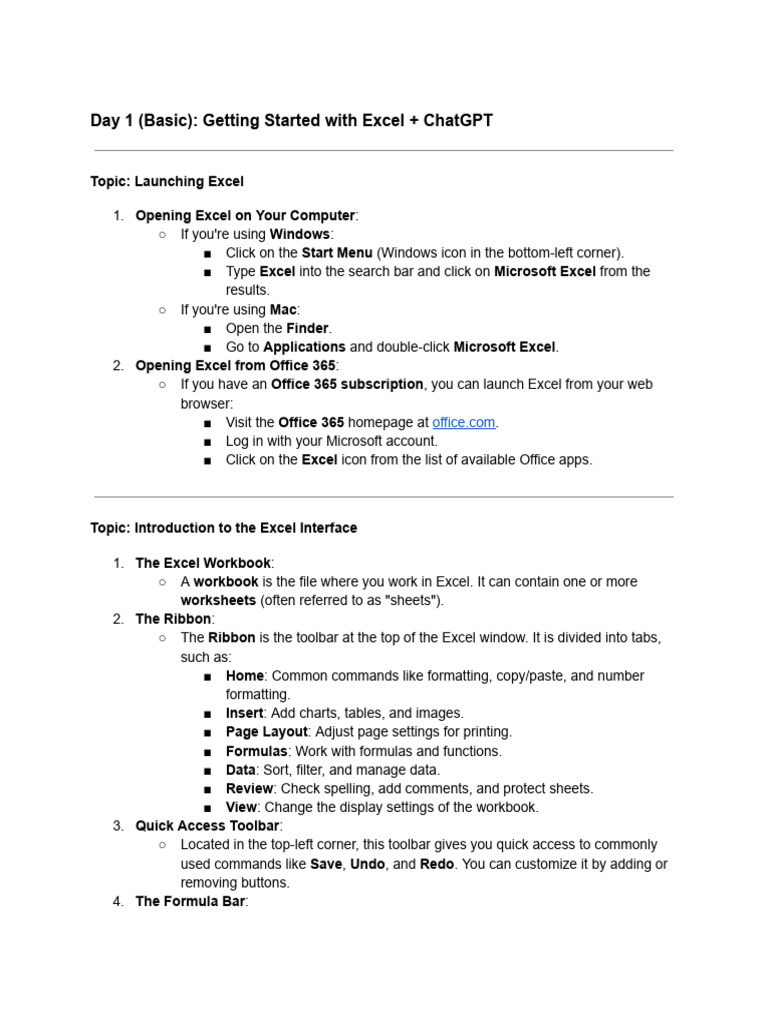 Day 1 - Microsoft Excel - Getting Started With Excel + ChatGPT | PDF ...
