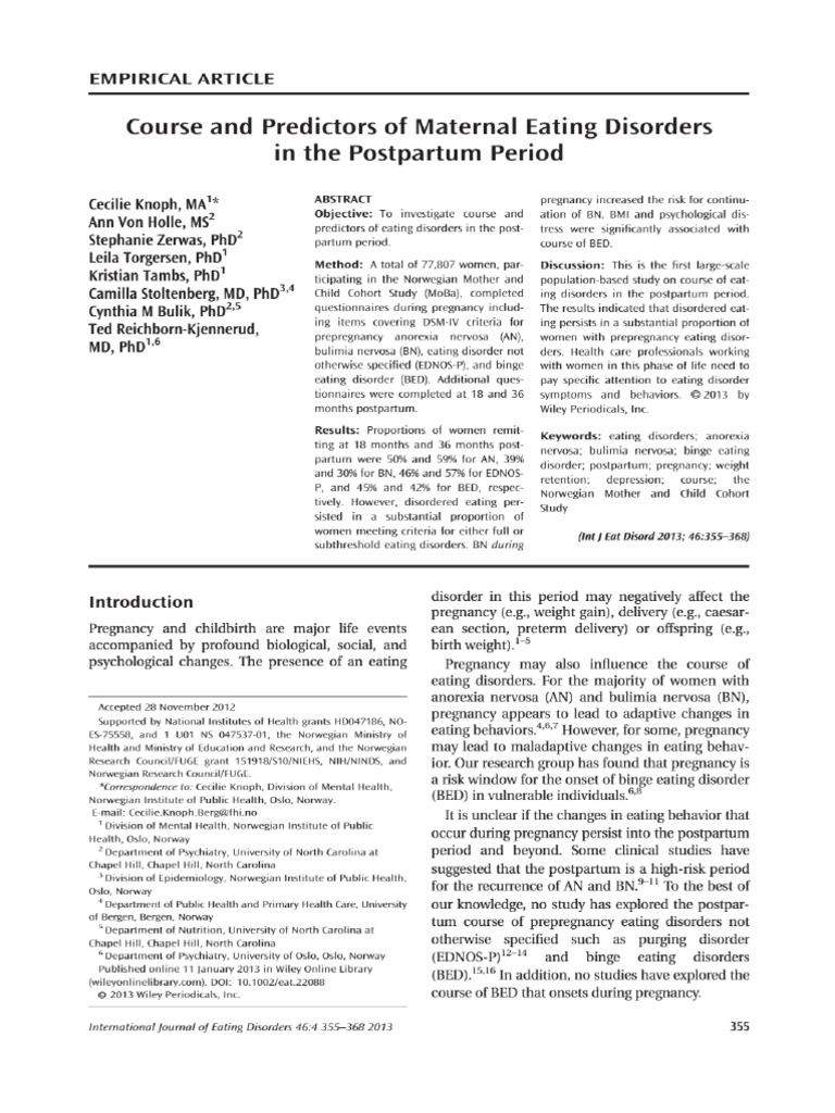 Course and Predictors of Maternal Eating Disorders in The Postpartum ...