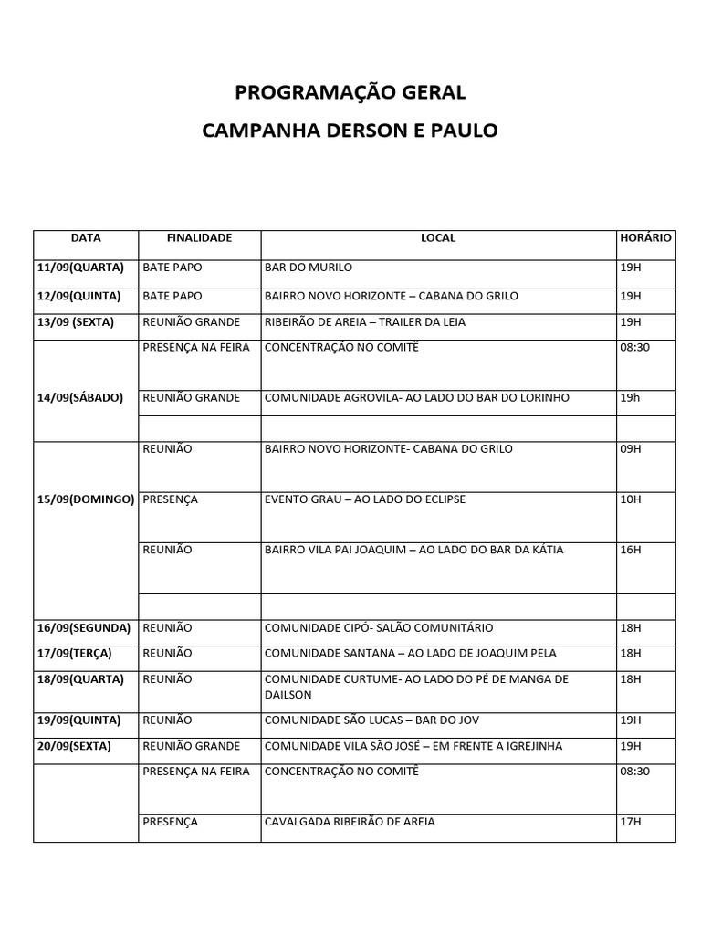 Campanha Derson e Paulo: Agenda de Eventos | PDF