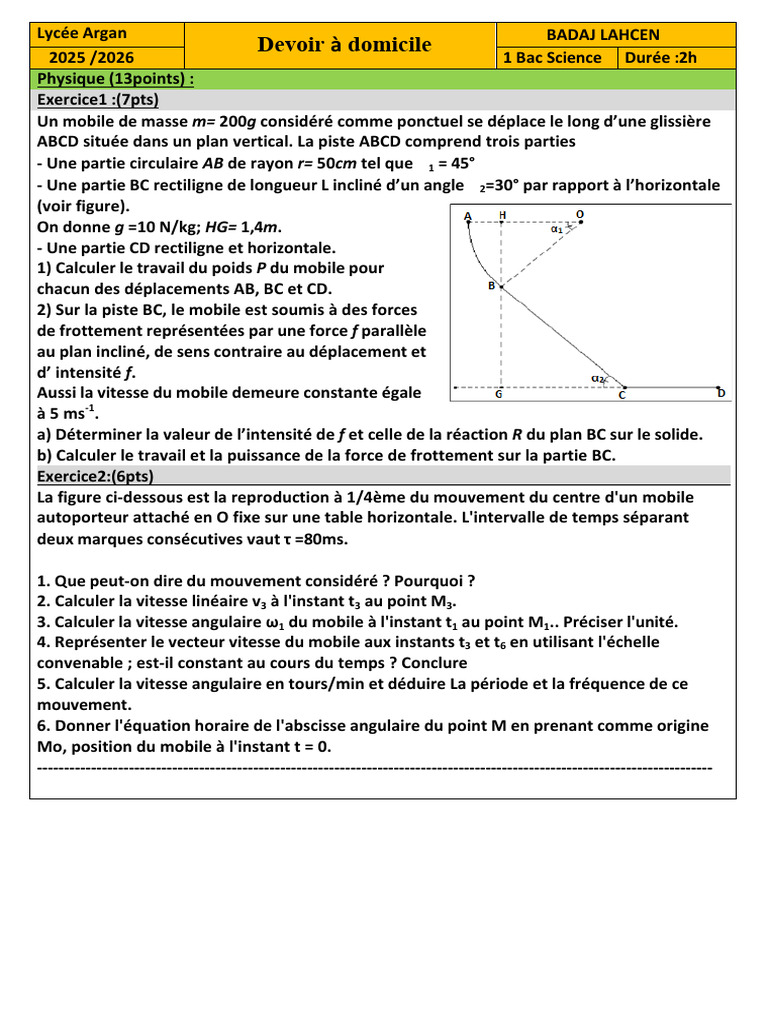 Devoir de Physique et Chimie 1 Bac 2025-2026 | PDF | Obliger ...
