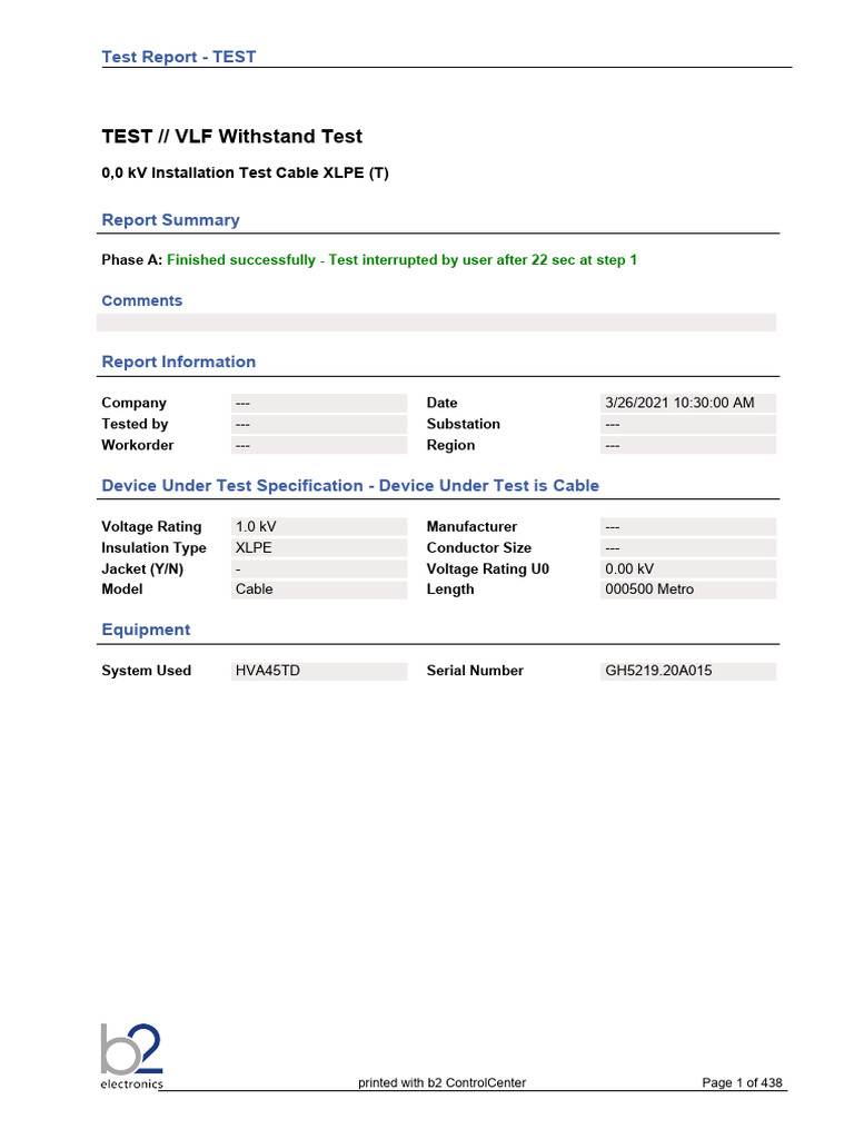 VLF Withstand Test Report for XLPE Cable | PDF | Volt | Insulator ...