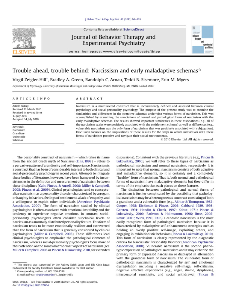 Narcissism and Early Maladaptive Schemas | PDF | Narcissism | Schema ...