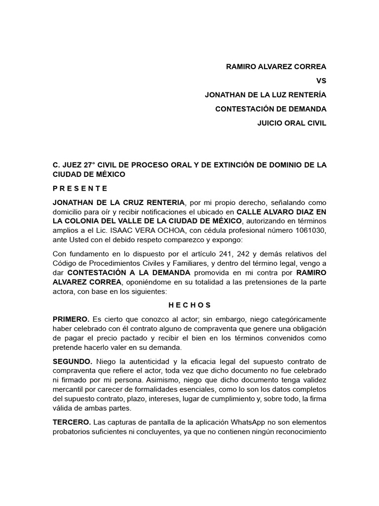 Contestación a Demanda Civil en Juicio Oral | PDF | Demanda judicial
