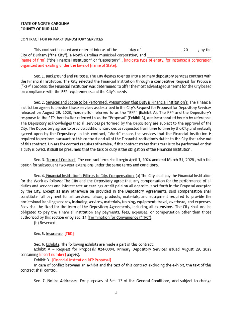 Exhibit A. Sample Contract For Primary Depository Services | PDF ...