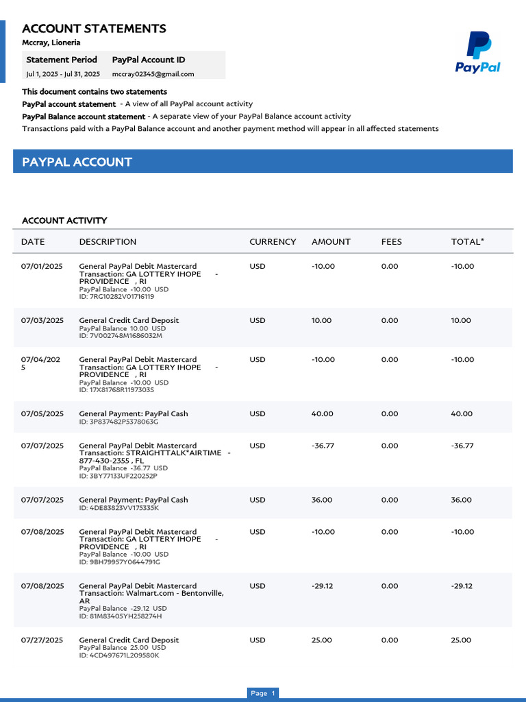 PayPal Account Activity Statement July 2025 | PDF | Pay Pal | Debit Card