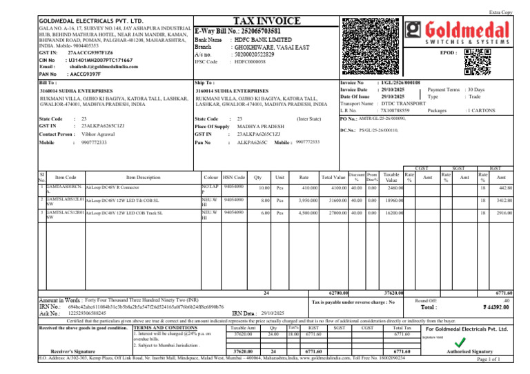 Invoice No I - GL - 2526 - 000108 | PDF | Economy Of India | Taxation