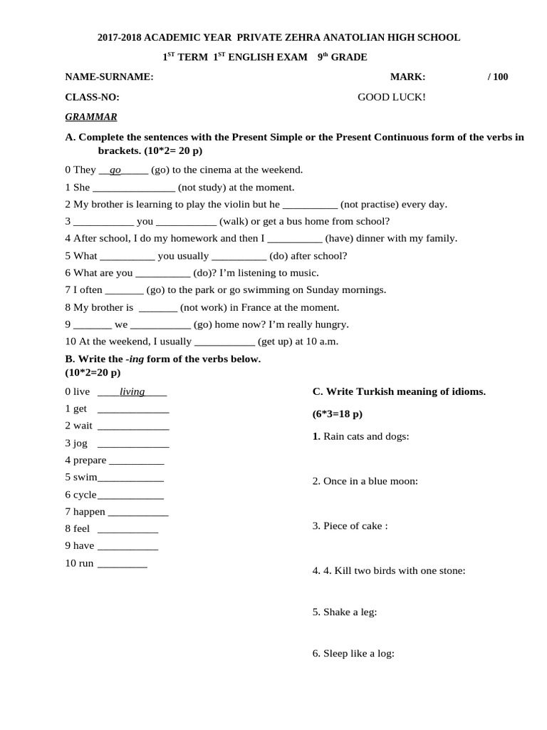9th Grade English Exam 2017-2018 | PDF | Linguistic Morphology | Syntax