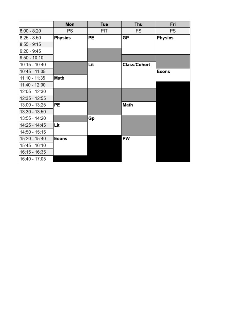 Weekly Class Schedule Overview | PDF
