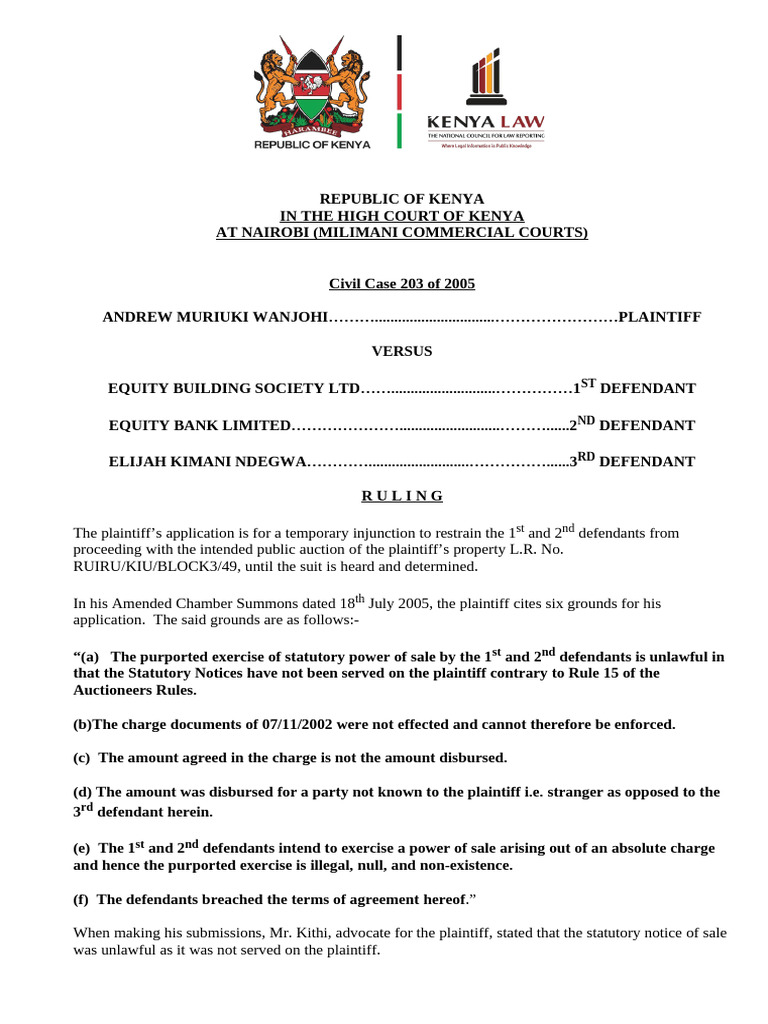 Andrew Muriuki Wanjohi V Equity Building Society LTD 2 Others ...