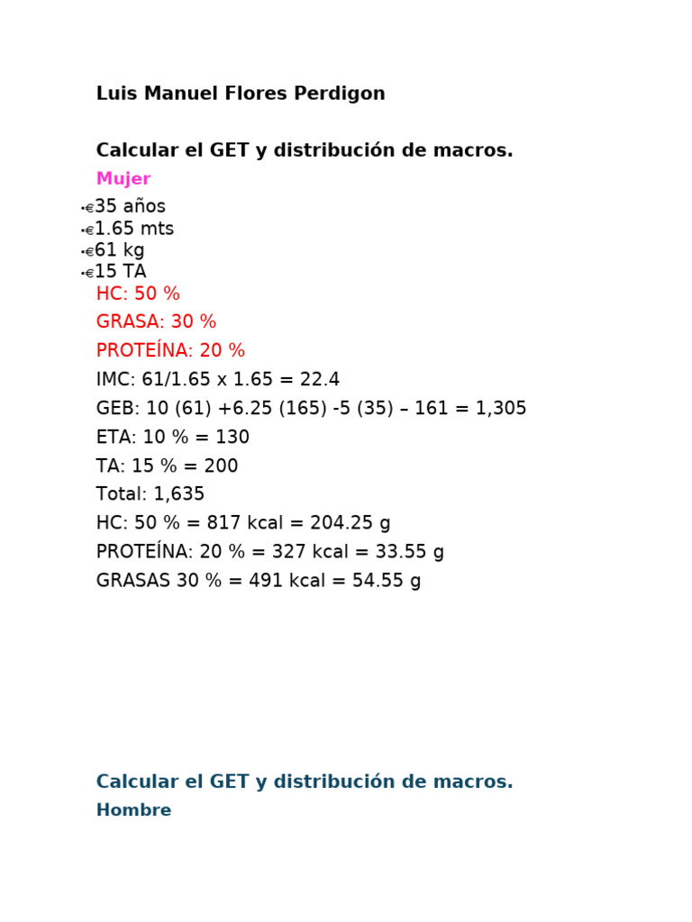 Cálculo de GET y Macros para Hombre y Mujer | PDF