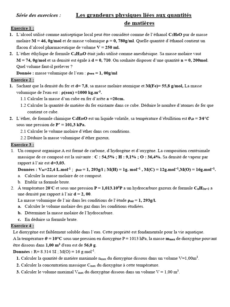 Calculs de chimie et gaz parfaits | PDF | Atmosphère de la Terre | Éther