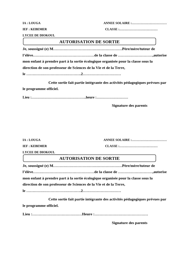 Autorisation de de Sortie | PDF
