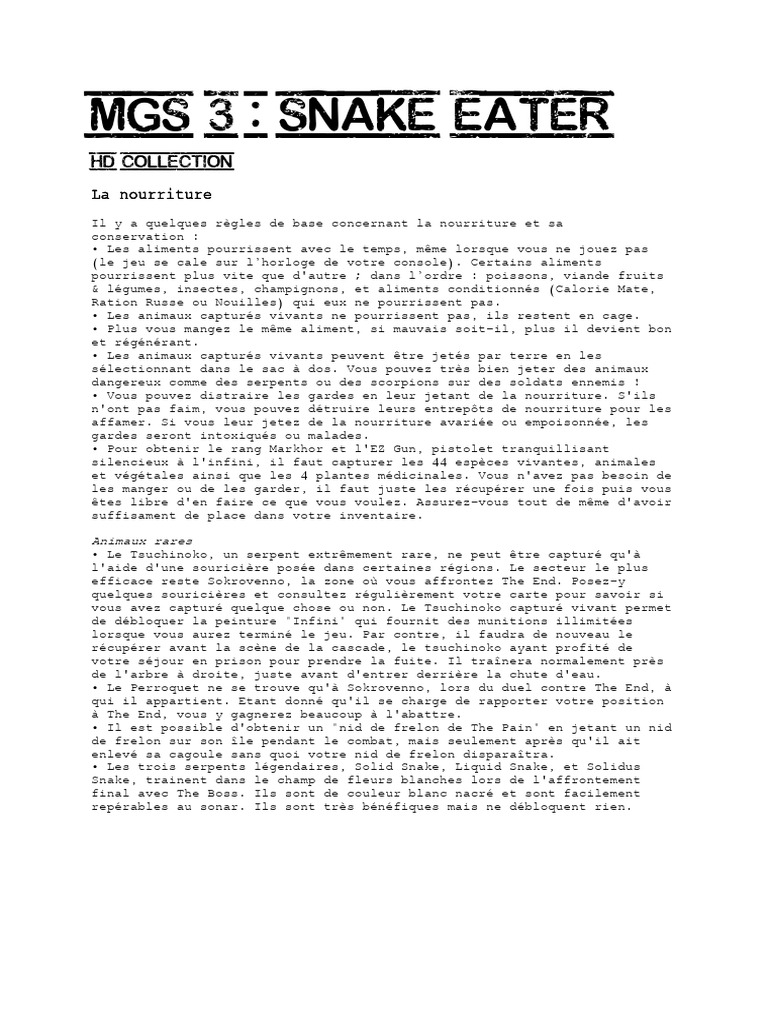 Guide de survie et nourriture MGS 3 | PDF