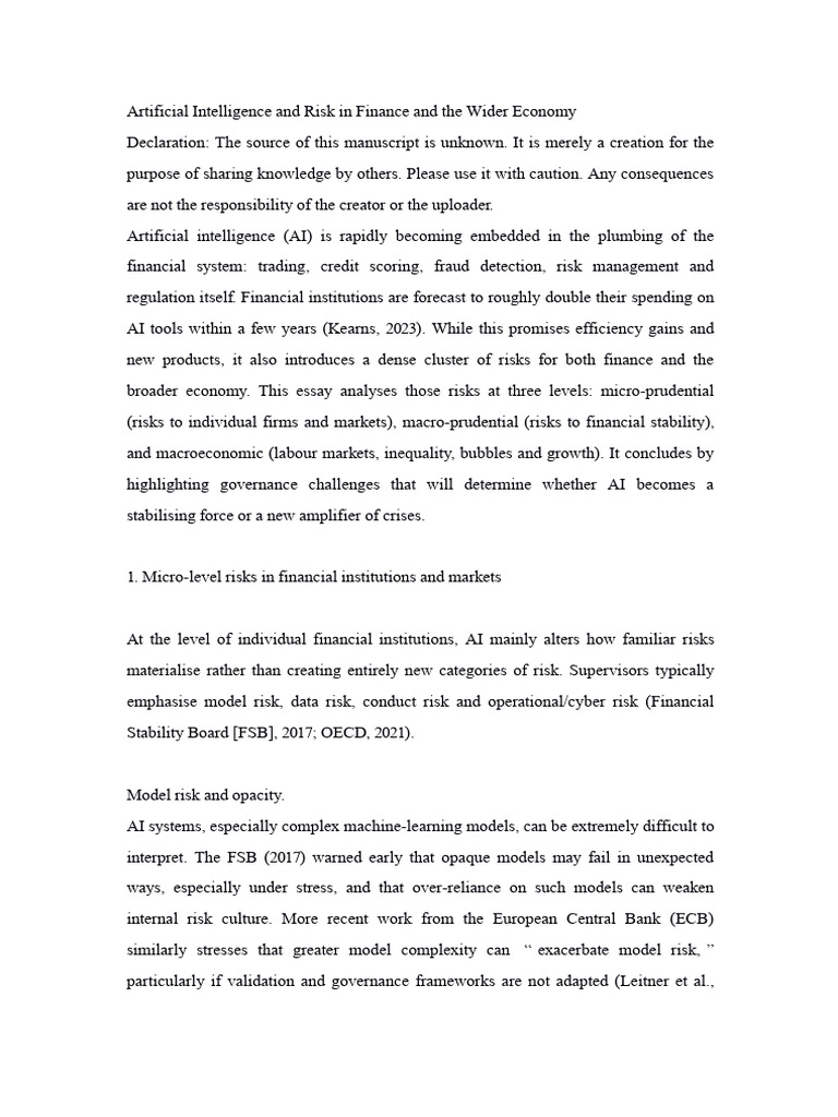 Artificial Intelligence and Risk in Finance and The Wider Economy | PDF ...