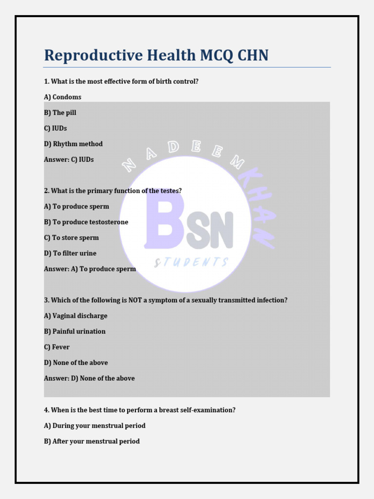 Reproductive Health MCQ CHN by Nadeem KTK | PDF | Birth Control ...