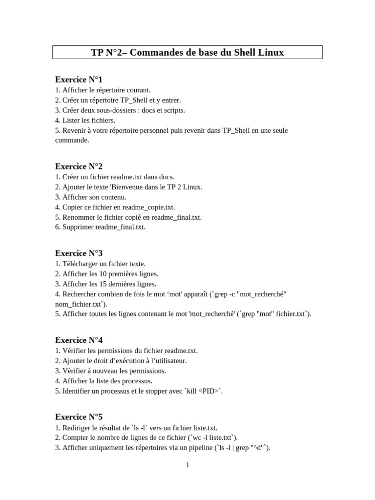Commandes de base Shell Linux TP N°2 | PDF