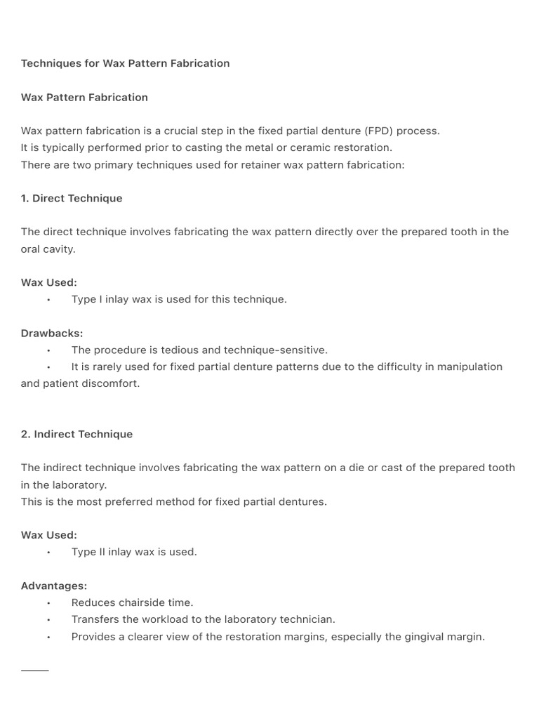 Wax Pattern Techniques for FPD | PDF | Tooth | Dental Anatomy