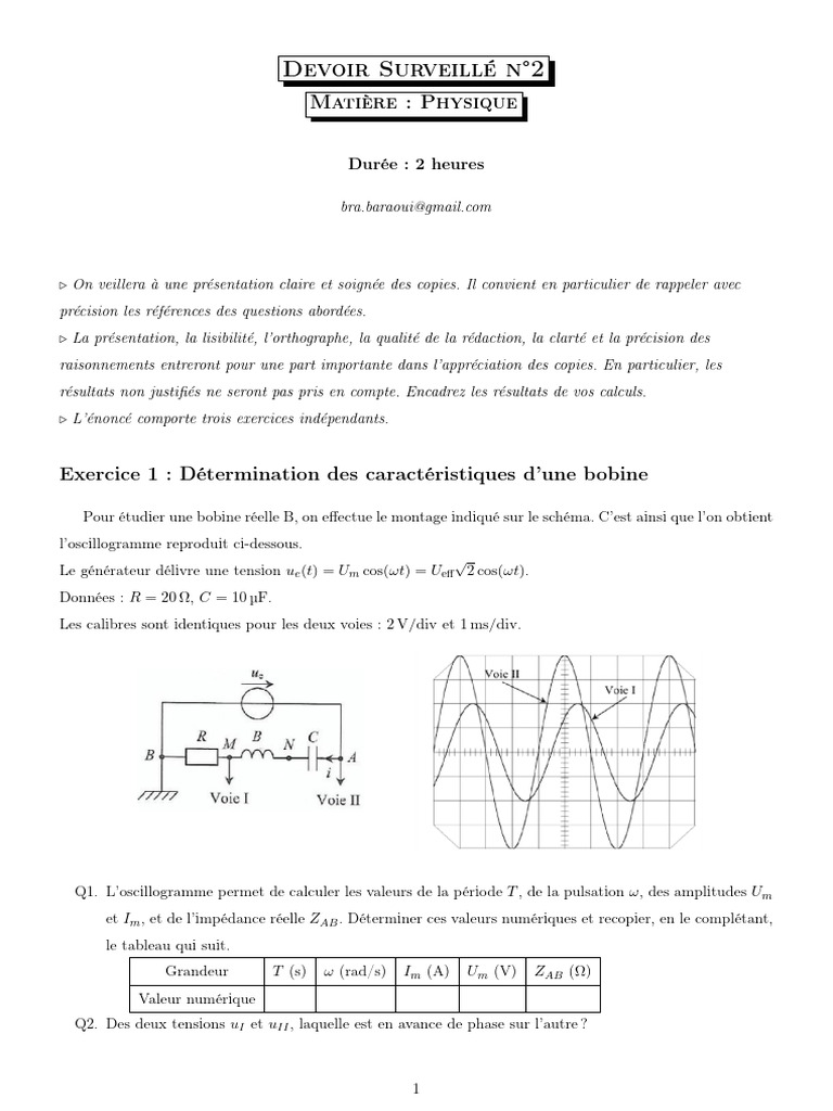 Devoir Surveillé Physique : Exercices RLC et Bobine | PDF | Puissance ...