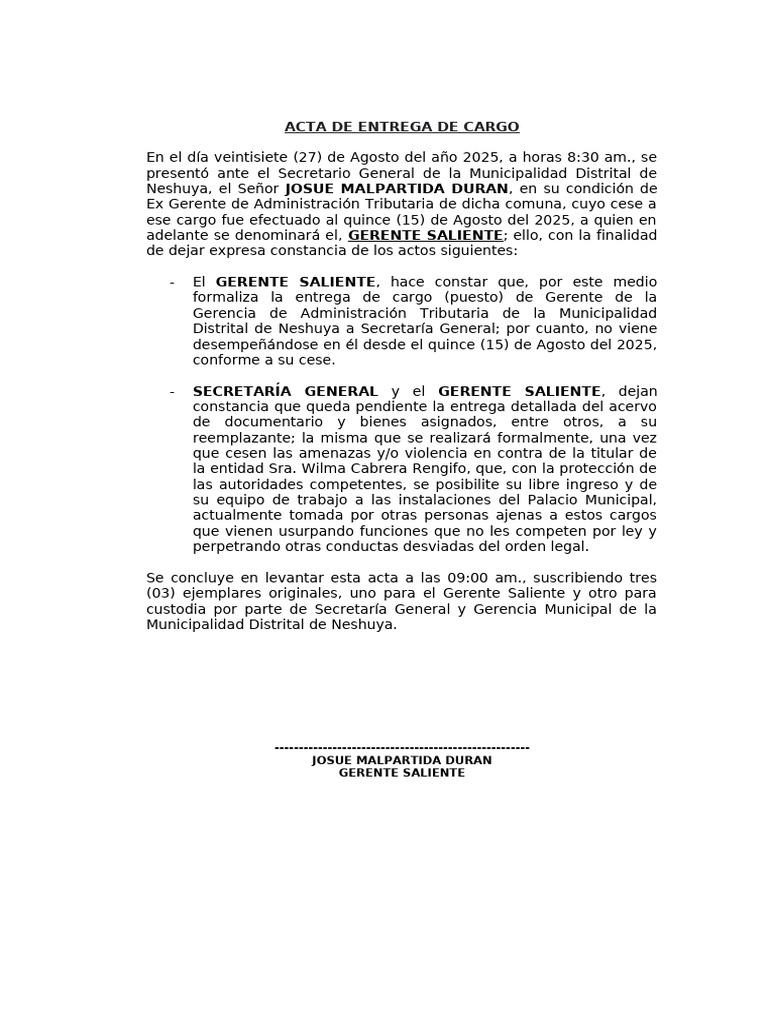 Acta de Entrega de Cargo Municipal | PDF