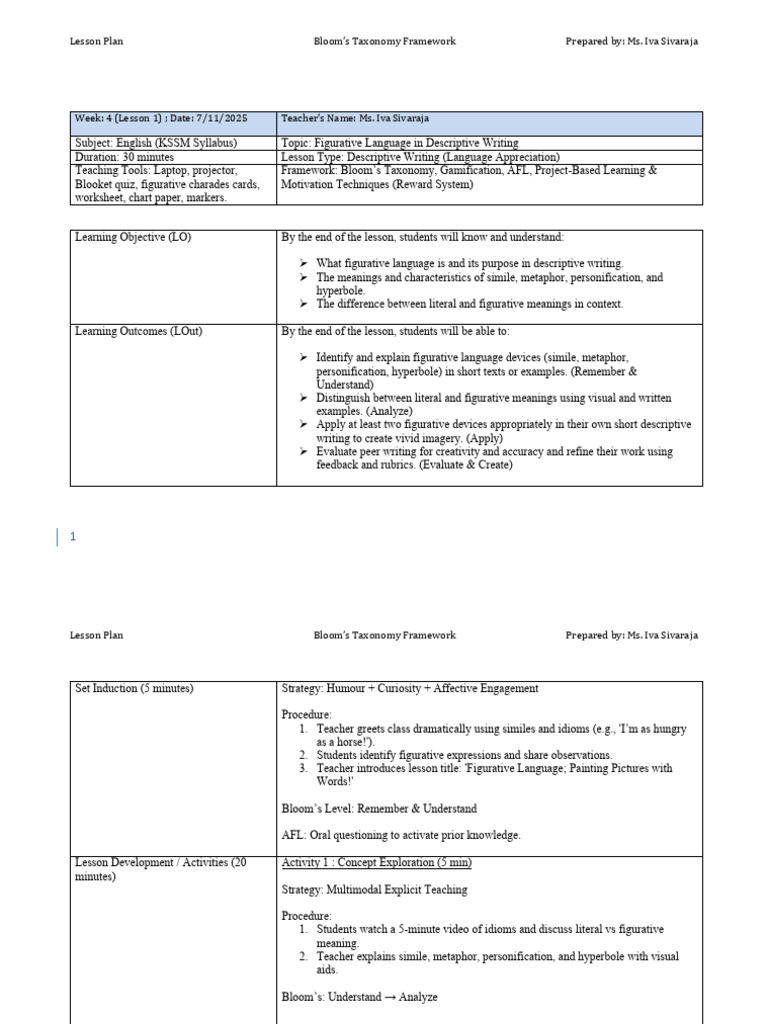 Figurative Language Lesson Plan | PDF | Lesson Plan | Metaphor
