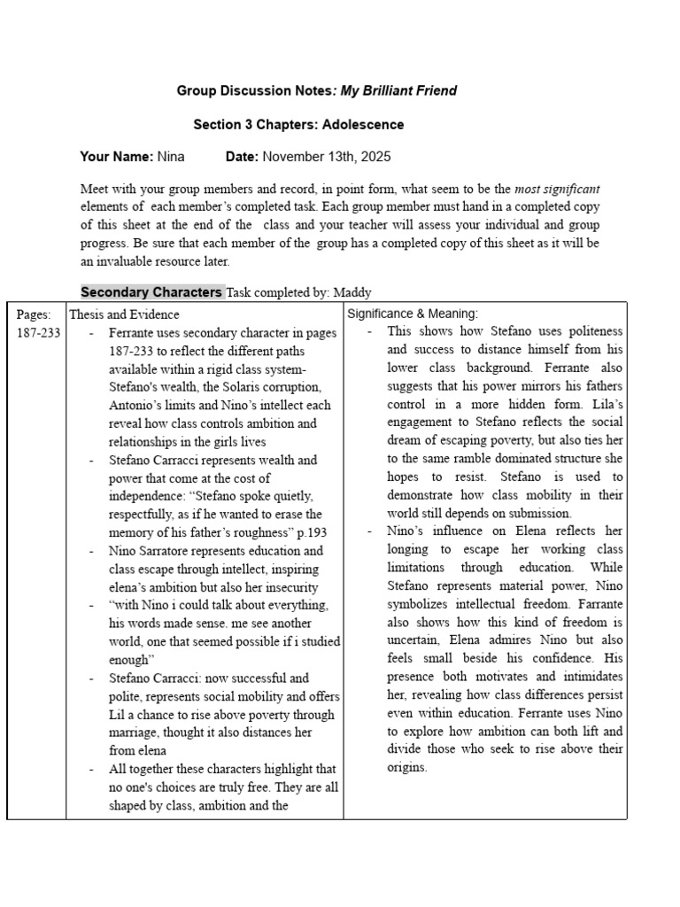 Group Discussion Notes - My Brilliant Friend | PDF