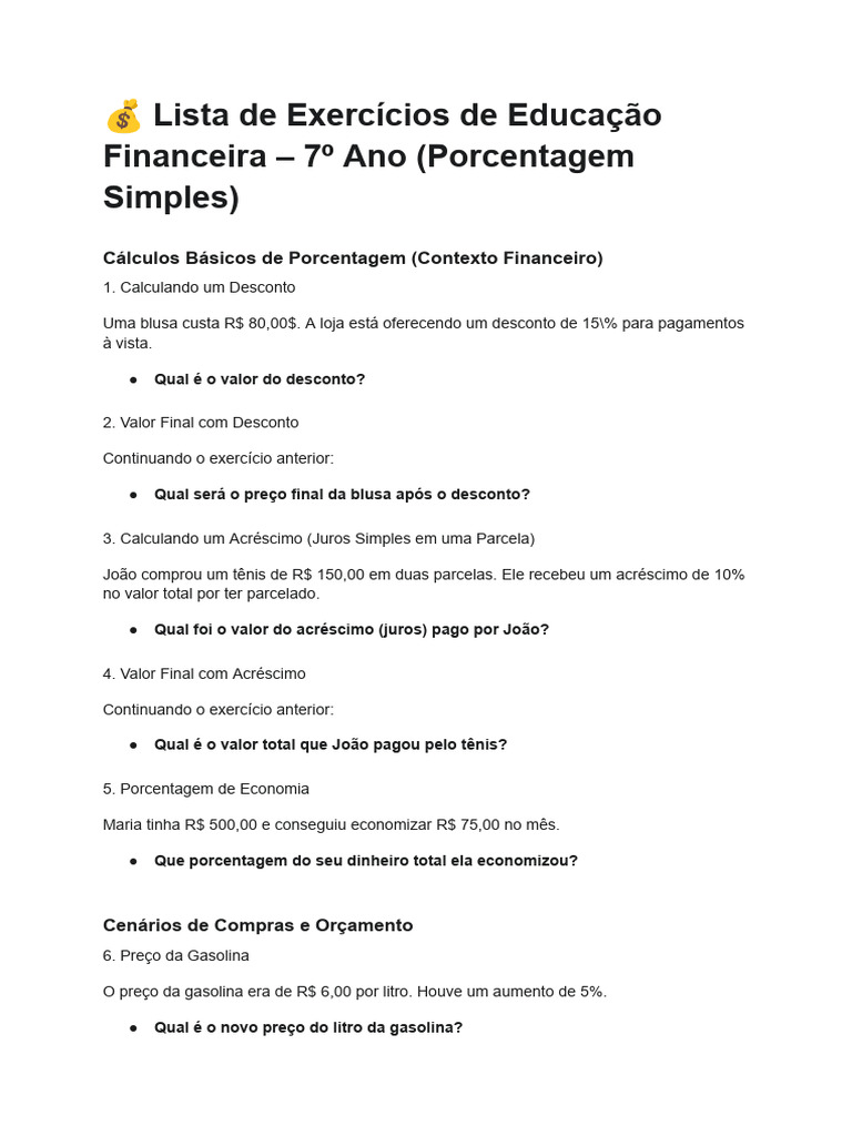 ? Lista de Exercícios de Educação Financeira - 7º Ano (Porcentagem ...