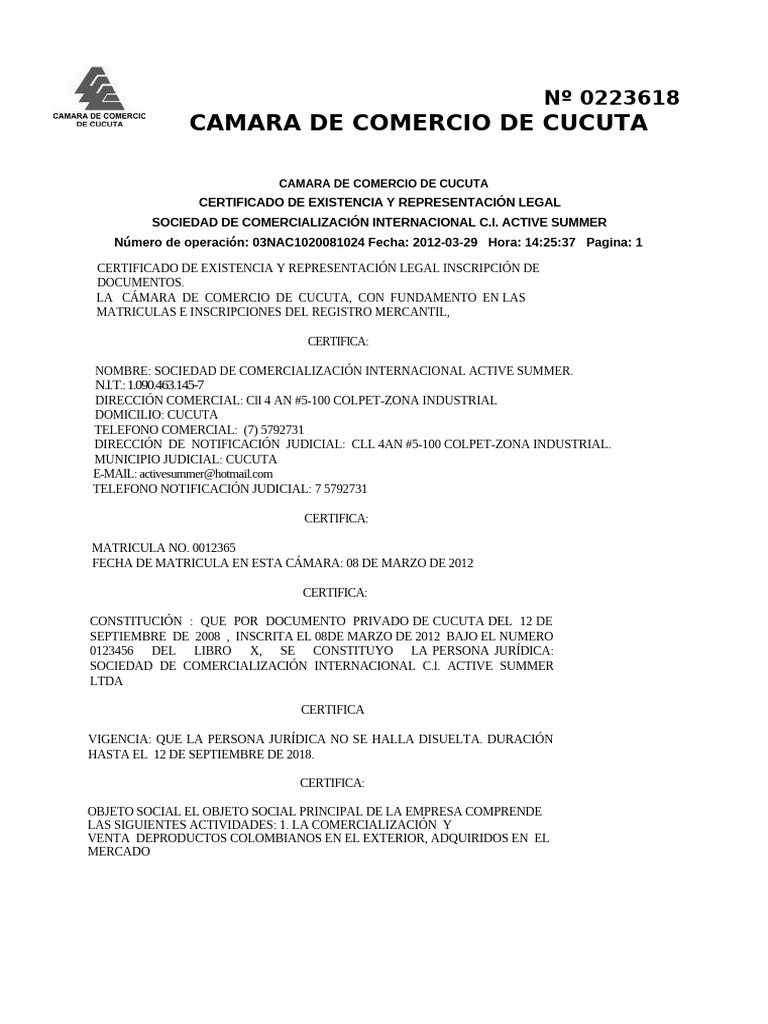 Modelo de Certificado de La Cámara de Comercio de Una Empresa-Modelo ...