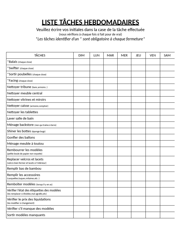 Liste des Tâches Hebdomadaires à Effectuer | PDF