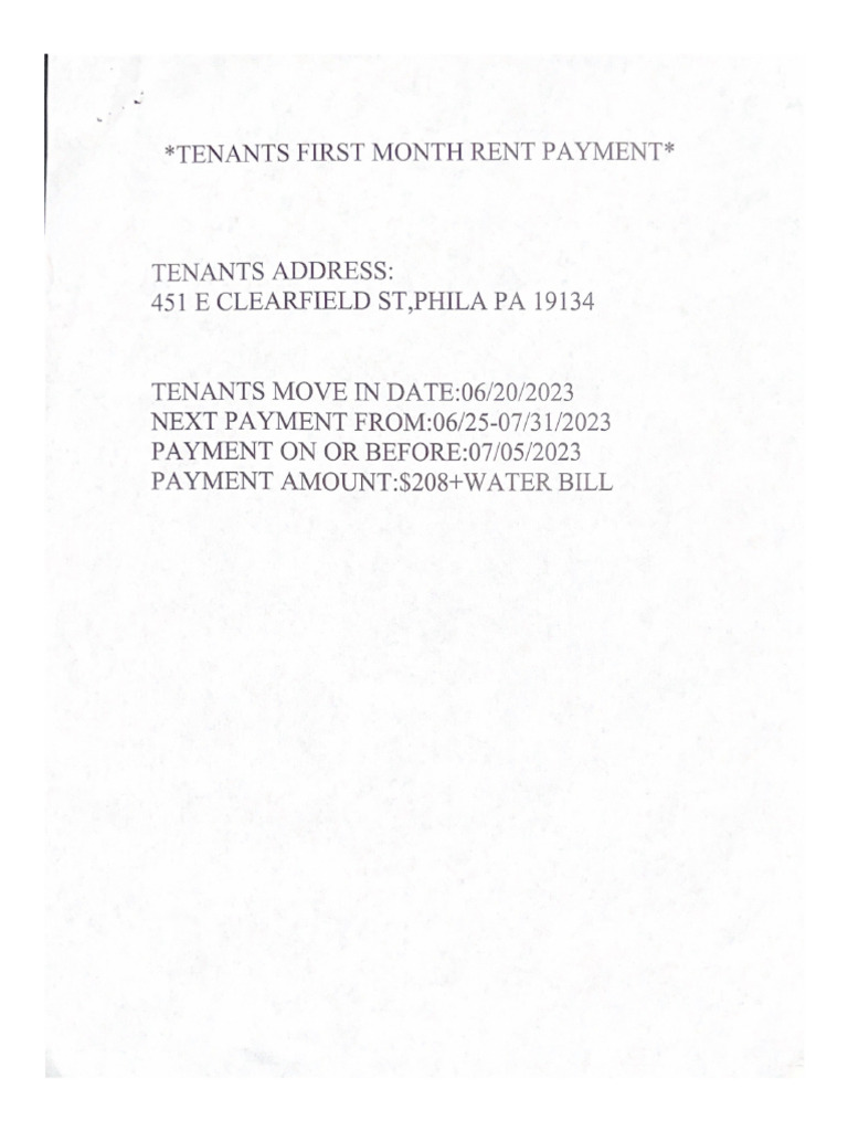 Tenants First Month Rent Payment | PDF
