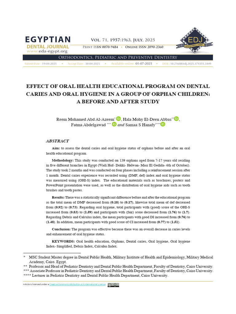 Impact of Oral Health Education on Orphans | PDF | Oral Hygiene ...