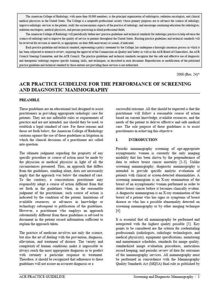 ACR Guidelines for Mammography Practice | PDF | Mammography | Physical ...