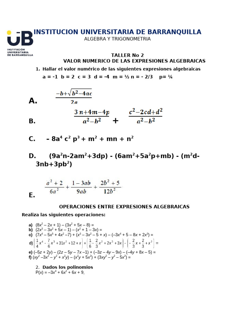 Taller Valor Numerico de Las Expresiones Algebraicas 2025 | PDF