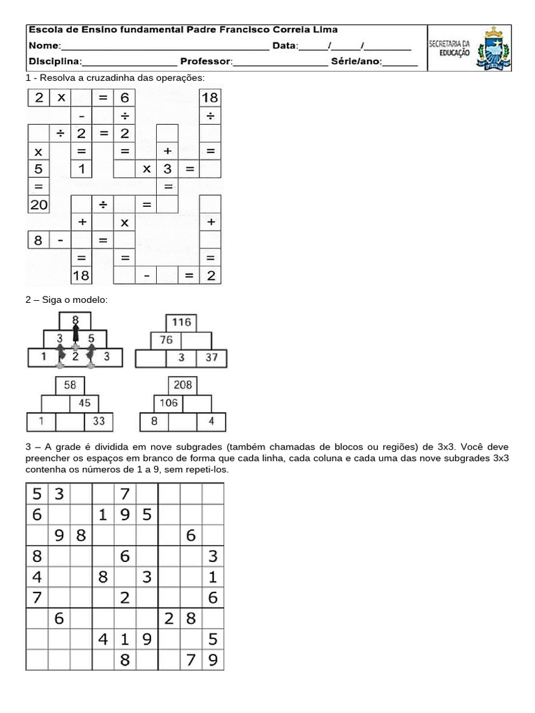 Cruzadinha de Números 1 a 9 | PDF