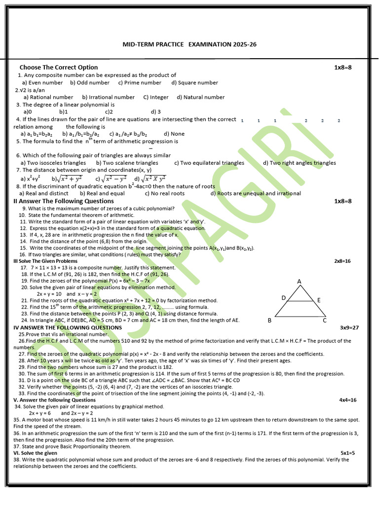 10th Grade Math Mid-Term Exam 2025-26 | PDF | Equations | Polynomial