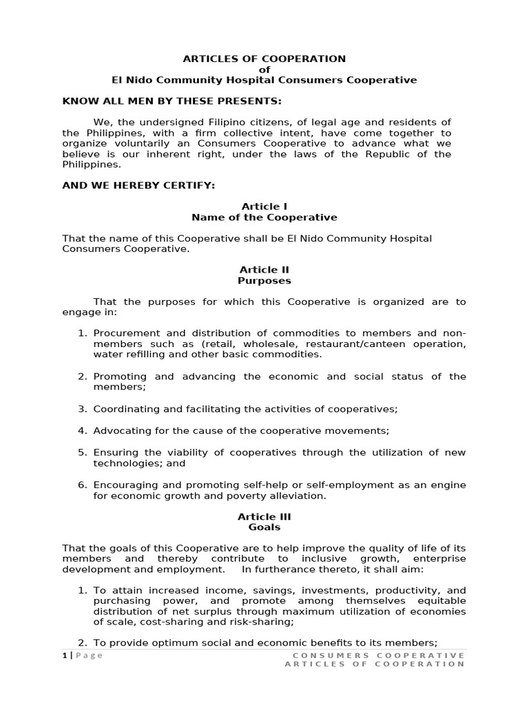 El Nido Community Hospital Coop Articles | PDF | Cooperative | Poverty