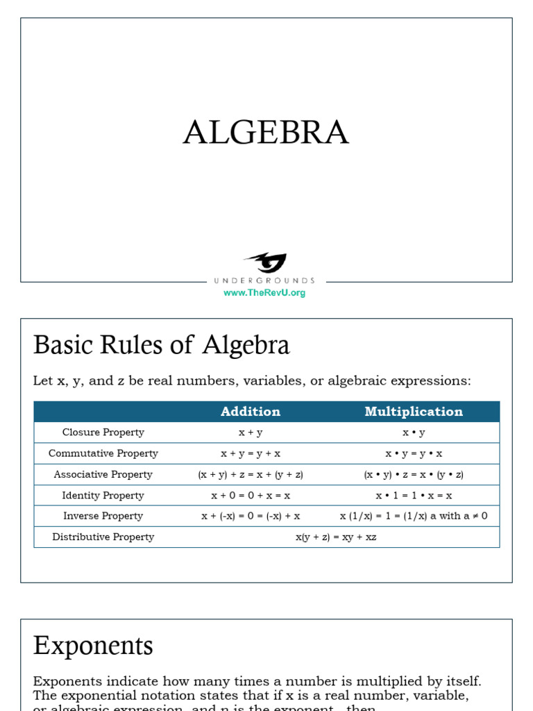 Algebra Basics: Properties and Examples | PDF | Multiplication | Logarithm